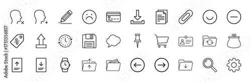 User interface and web icon set. Vector pictograms of users, edit, credit card, download, documents, shopping cart, time, folders, and settings, thin linear illustration.