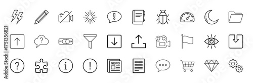 User interface line icon set. Vector pictograms of flash, pencil, camera, sun, message, book, bug, speedometer, folder, upload, switch, filter, news, cart, gears, thin linear illustration.