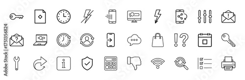 User interface line icon set. Vector pictograms of key, document, clock, smartphone, search, settings, email, calendar, shield, calculator, and printer, thin linear illustration.
