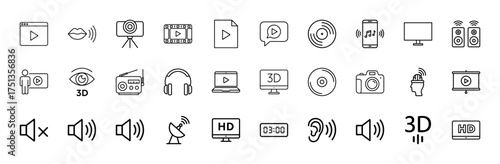 Media and entertainment line icon set. Vector pictograms of video player, camera, film strip, record, smartphone, monitor, speakers, headphones, radio, and volume, thin linear illustration.