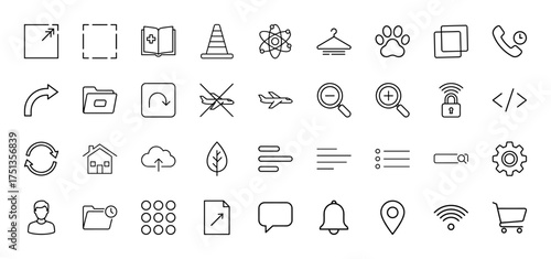 Universal interface line icon set. Vector pictograms of expand, folder, atom, airplane, search, home, cloud, leaf, notification, shopping cart, thin linear illustration.