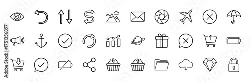 Universal interface line icon set. Vector pictograms of navigation arrows, eye, mail, camera, airplane, shopping cart, chart, and security padlock, thin linear illustration.