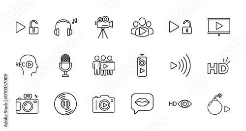 Media and video line icon set. Vector pictograms of play, headphones, video camera, audience, microphone, remote, photo camera, projector, vinyl, HD symbol, thin linear illustration.