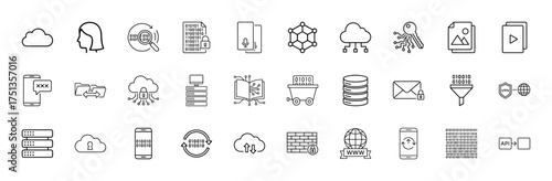 Data and network technology line icon set. Vector pictograms of cloud, user, security, server, database, smartphone, firewall, VPN, API, thin linear illustration.