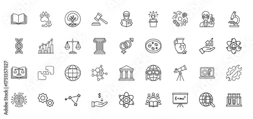 Science and education line icon set. Vector pictograms of books, DNA, microscope, gavel, gears, brain, and money hand, thin linear illustration.