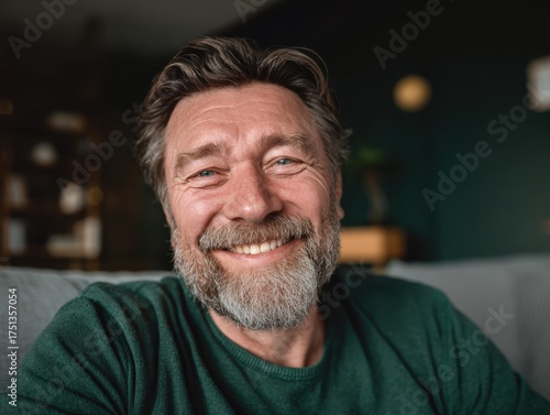 Close up portrait of happy smiling middle aged mature senior 50 years old bearded man wearing green shirt sitting on couch at home interior looking at camera relaxing on sofa in modern house