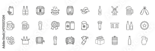 Brewery line icon set. Vector pictograms of beer cans, bottles, barrels, sausages, chips, glasses, hops, and bottle openers, thin linear illustration.