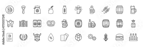 Beer and brewing line icon set. Vector pictograms of mugs, barrels, hops, barley, pretzels, cans, bottles, burgers, thin linear illustration.