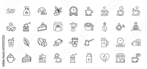 Coffee & cafe line icon set. Vector pictograms of coffee beans, cups, grinder, barista, croissant, cake, shop signs, and takeout drinks, thin linear illustration.