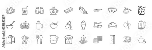 Breakfast line icon set. Vector pictograms of fried egg, pancakes, coffee, tea, cereal, toast, croissant, jam, kettle, milk, thin linear illustration.