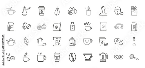 Coffee and cafe line icon set. Vector pictograms of coffee cups, beans, makers, grinders, desserts, kettles, and milk, thin linear illustration.