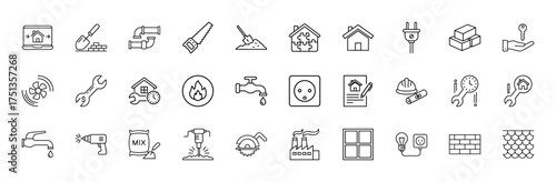 Construction and home renovation line icon set. Vector pictograms of house, tools, pipes, bricks, wrench, saw, fan, faucet, and drill, thin linear illustration.