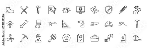Construction line icon set. Vector pictograms of tools, worker, hard hat, drill, hammer, wrench, saw, house, blueprint, and measuring tape, thin linear illustration.