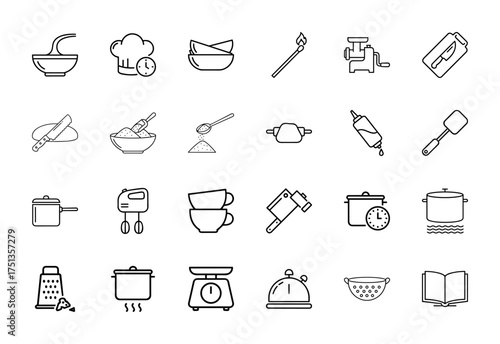 Cooking line icon set. Vector pictograms of chef hat, meat grinder, cutting board, rolling pin, hand mixer, kitchen scale, saucepan, colander, recipe book, thin linear illustration.