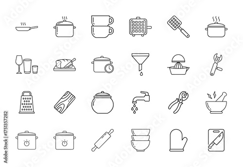 Kitchen and cooking tools line icon set. Vector pictograms of cooking pots, pan, mugs, waffle maker, spatula, grater, juicer, rolling pin, oven mitt, thin linear illustration.