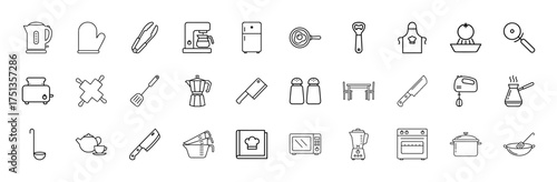 Cooking and kitchen line icon set. Vector pictograms of kettle, coffee maker, refrigerator, frying pan, apron, toaster, rolling pin, oven, thin line illustration.