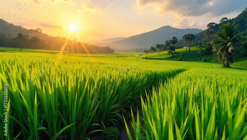 Golden Hour in Balinese Rice Paddies Lush Green Stalks Heavy with Ripe Grain Ready for Harvest, a Picturesque Scene of Fertile Agricultural Landscape