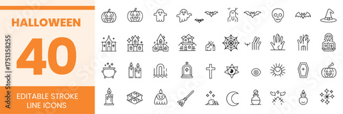 Halloween Vector Line Icons Set | 40 Minimalist Outline Symbols for Spooky, Witch, and Pumpkin Designs – Editable Stroke, Clean Modern Style