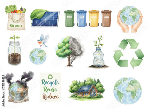 Watercolor Set of Ecology and Environmental Protection Concepts