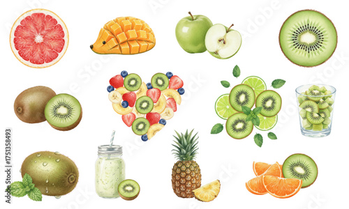 Vibrant Watercolor Collection of Fresh Citrus and Tropical Fruits