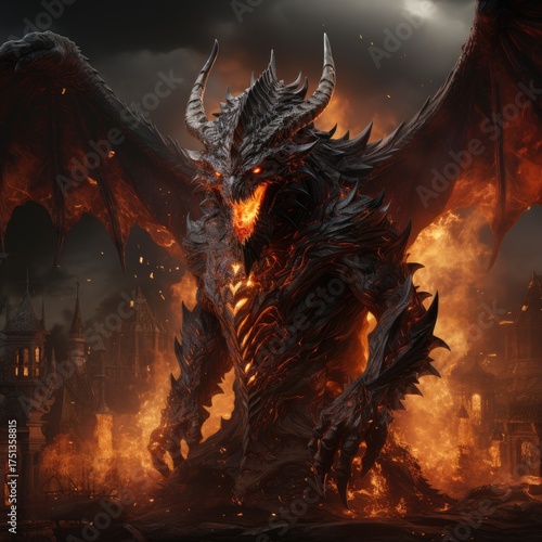 A terrible demon in fire. A terrible demon in flames. A demon from hell.