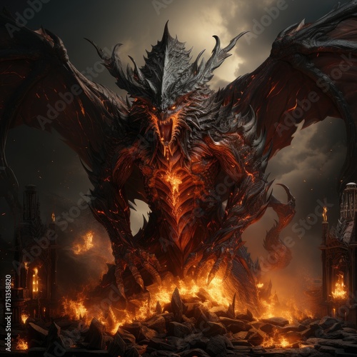A terrible demon in fire. A terrible demon in flames. A demon from hell.