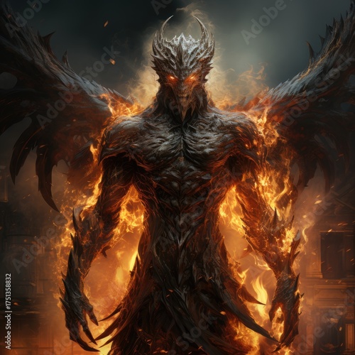 A terrible demon in fire. A terrible demon in flames. A demon from hell.
