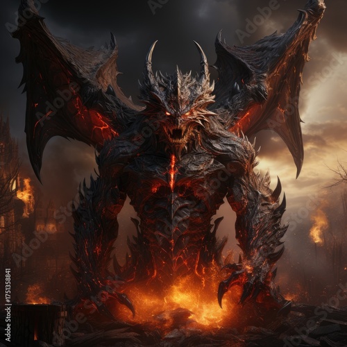 A terrible demon in fire. A terrible demon in flames. A demon from hell.