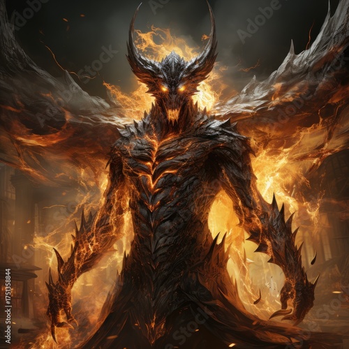 A terrible demon in fire. A terrible demon in flames. A demon from hell.