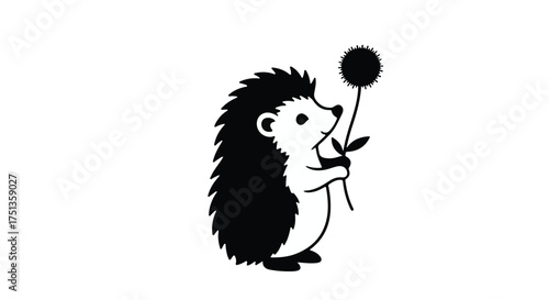 Charming black and white illustration of a cute hedgehog holding a dandelion puff