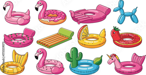 Inflatable pool float illustration, summer vector set, flamingo, unicorn, donut, fruit floats, fun swim accessories, colorful beach clipart