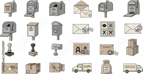 Mail and postal icon set, envelope, stamp, mailbox, delivery truck, package vector, communication clipart, postal service illustration