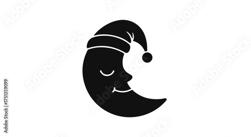 Peaceful crescent moon wearing a sleeping cap, symbolizing nighttime rest and dreams.