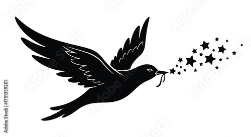 Black bird silhouette soaring with magical stars emanating from its beak, symbolizing hope and dreams.