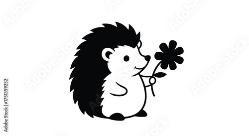 Charming cartoon hedgehog holding a delicate flower, symbolizing nature and innocence.