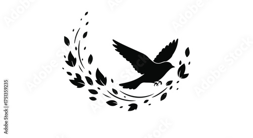 Silhouette of a bird in flight with swirling leaves, symbolizing freedom and nature's beauty.