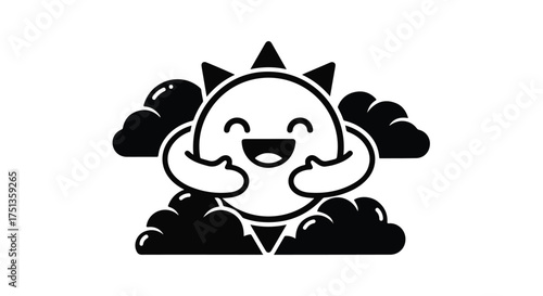 Joyful cartoon sun peeking from behind fluffy dark clouds on a bright day