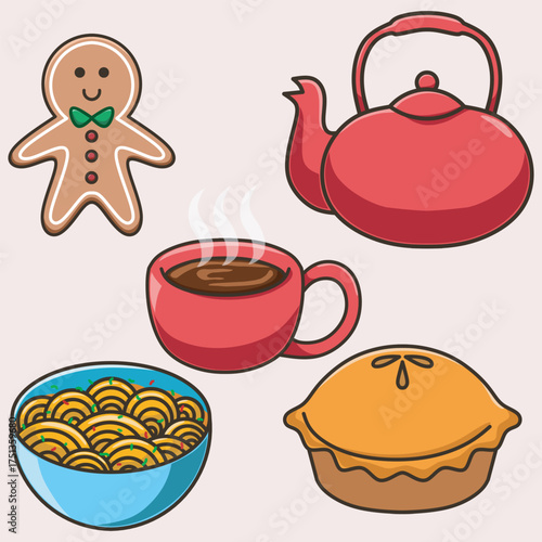 Cute winter food vector set. Illustration of noodle, coffee, and pie.