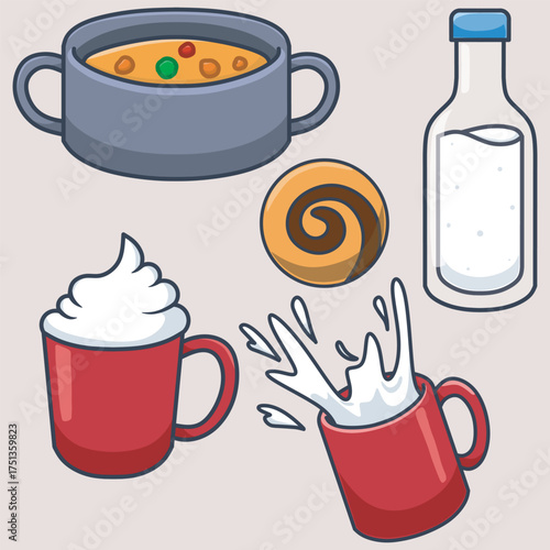 Cute winter food vector set. Illustration of milk, cookie, and milk shake.