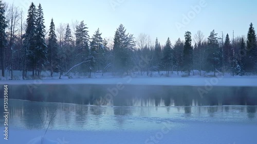 Frozen lake with snowy forest at dawn