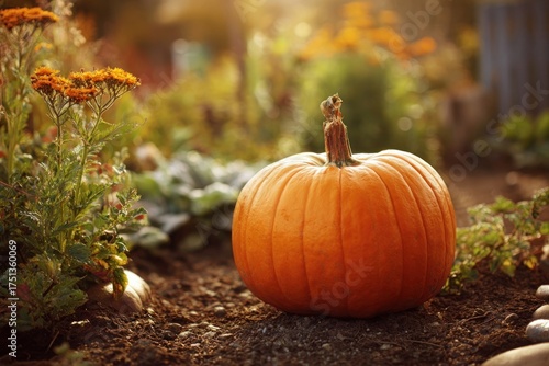 Halloween pumpkin in garden, seasonal background
