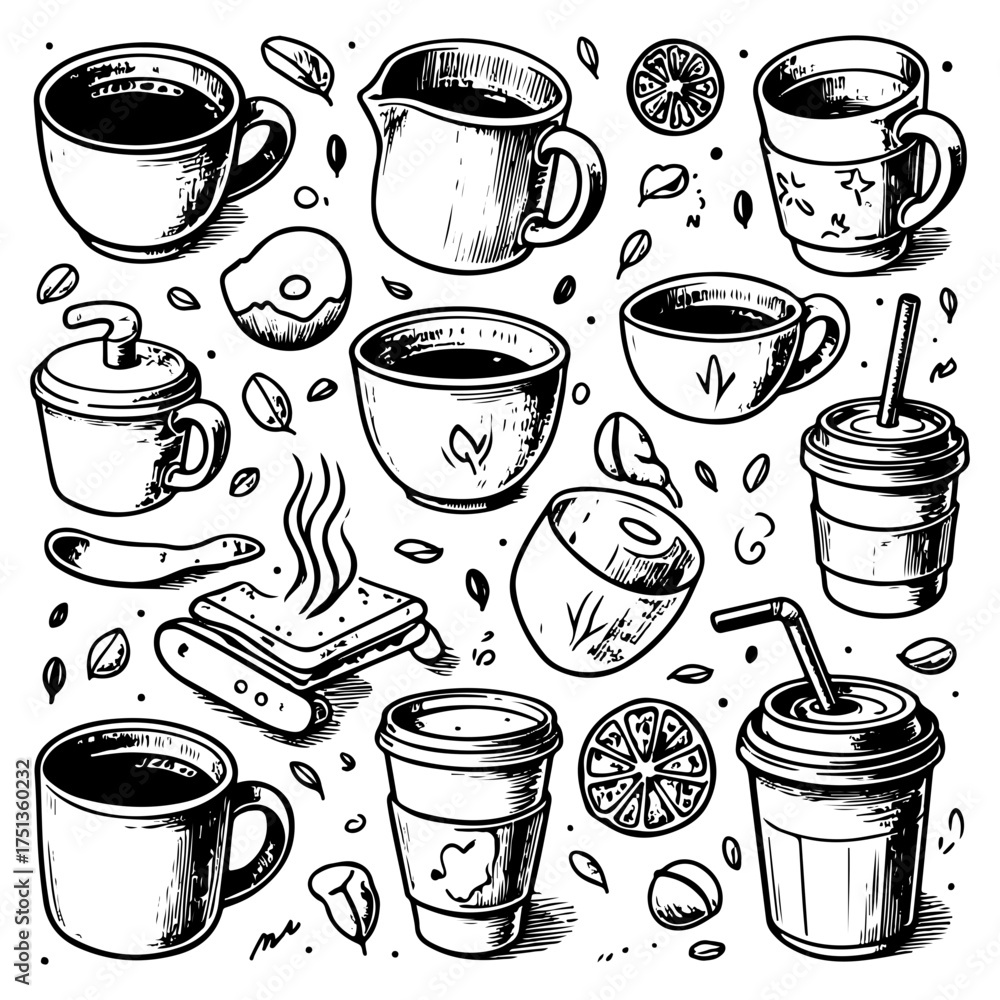 Obraz premium Coffee Mug and Snack Hand Drawn Pattern - Espresso Cups, Beans, Biscuits, and Cafe Drinks, Black and White Sketch Illustration