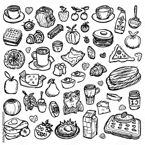 Hand Drawn Coffee and Breakfast Doodle Pattern - Food and Drink Elements with Coffee Cups, Pastries, Fruits, and Sweets, Black and White Sketch Illustration