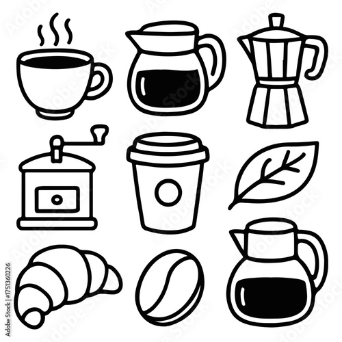 Minimal Coffee and Bakery Icon Set - Hand Drawn Outline Vector of Coffee Cups, Grinder, Croissant, Beans, and Moka Pot in Clean Line Art Style