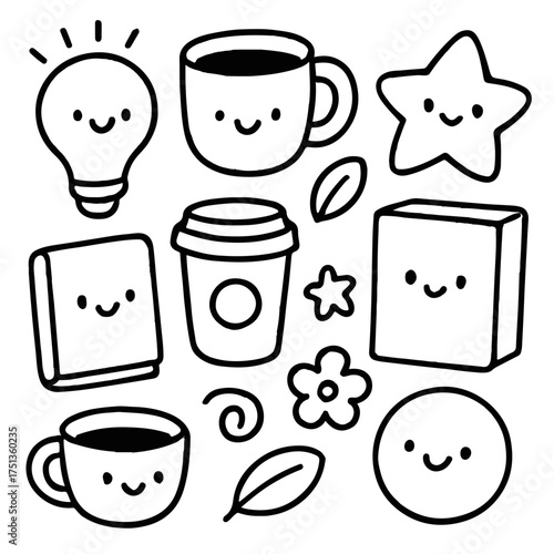 Kawaii Coffee and Snack Doodle Set - Cute Hand Drawn Coffee Cups, Toast, Light Bulb, and Star Characters in Minimal Line Art Style