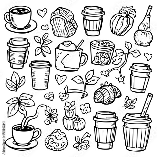 Coffee Cup and Bean Hand Drawn Doodle Set - Hot Drinks, Takeaway Cups, Coffee Leaves, and Cafe Elements, Black and White Vector Illustration