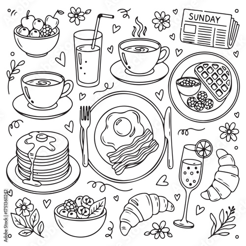 Sunday Breakfast Doodle Set - Pancakes, Eggs, Coffee, Juice, and Croissant, Hand Drawn Morning Brunch Illustration in Black and White Style