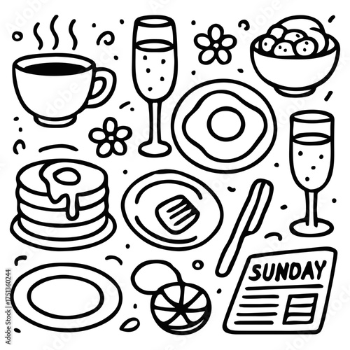 Cute Sunday Breakfast Doodle Set - Kawaii Pancakes, Coffee, Eggs, and Croissant in Hand Drawn Line Art Style for Cozy Morning Vibes