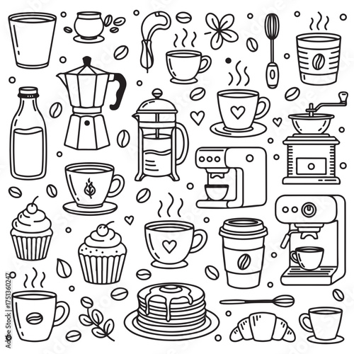 Coffee Brewing Tools and Drinks Doodle Pattern - Espresso Maker, French Press, Cups, and Beans, Hand Drawn Cafe Illustration in Black and White