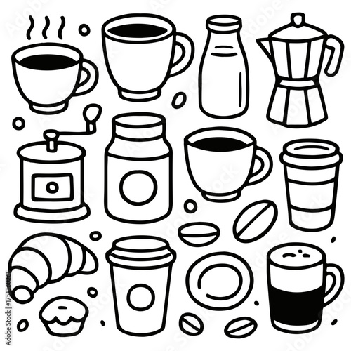 Minimalist Coffee Icon Set - Outline Vector of Coffee Maker, Cup, Grinder, Croissant, and Beans, Clean and Bold Cafe Line Art Illustration